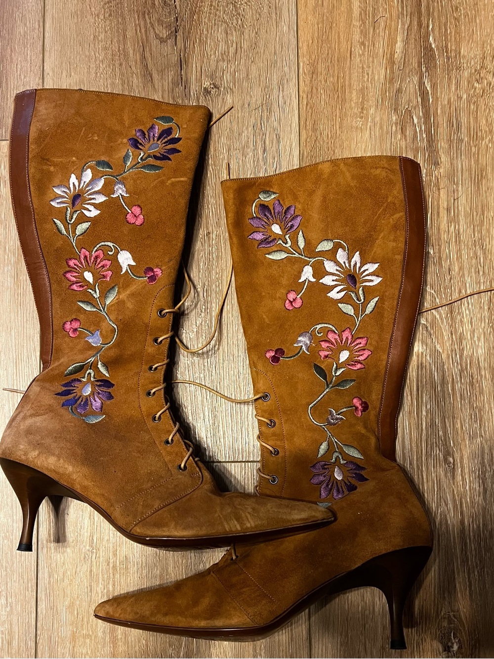 Embroidered Suede Knee-High Lace-Up Boots in Brown